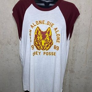 Cream/Maroon Obey cut off.